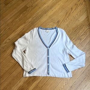 Marled Button Front Cardigan XL, White Knit Sweater with Blue Trim, Preppy